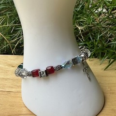 VTG Charm Bracelet Size 7 Block Letter Cross Glass Beads Colorful Sterling 18.7g