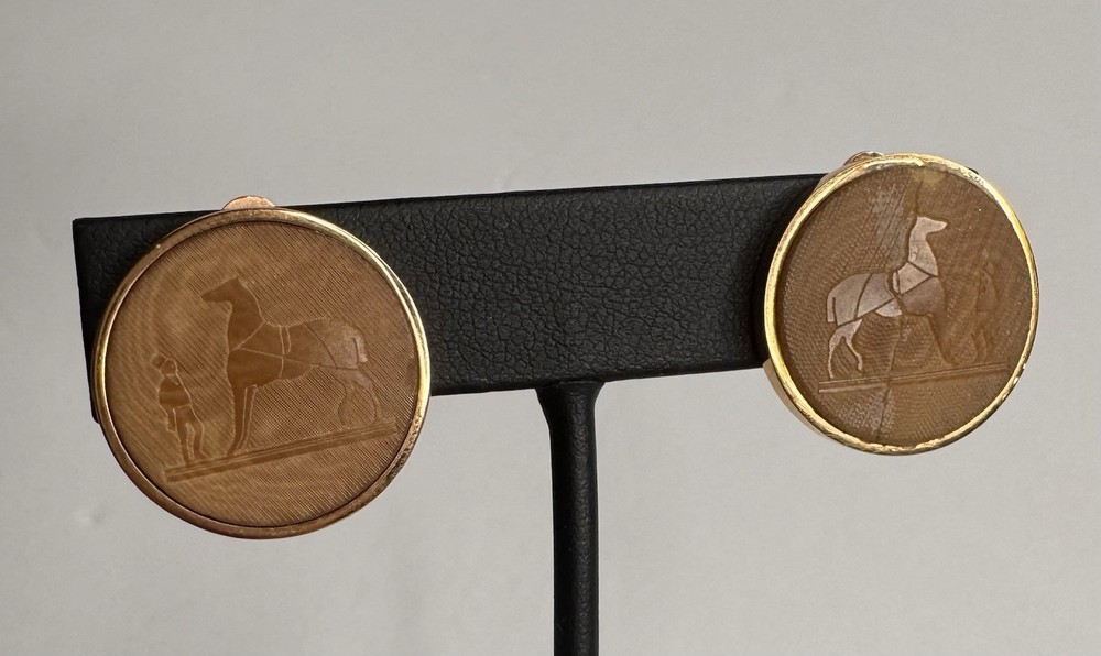Hermes Vintage Horse Botton Earrings Clip On Gold Tone