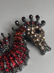 Red Rhinestone Seahorse Brooch Black Gunmetal Tone Crystal Ocean Nautical Pin