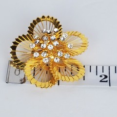 Vintage Monet Gold Tone Open Metal Wire Clear Rhinestones Flower Brooch Pin