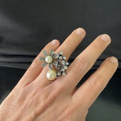 Vintage Adjustable Rhinestone, Pearl & Silver Tone Cocktail Ring, Statement EUC