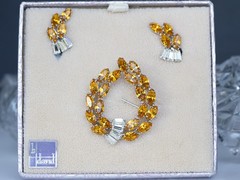 b david signed vintage amber rhinestone brooch and earrings set original box