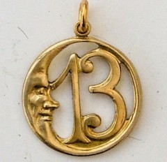 LUCKY 13 Crescent Moon Pendant Charm. Gold Tone. Retro Vintage style Good Luck.