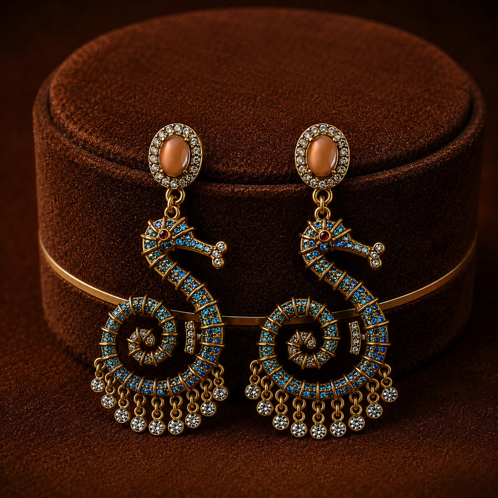 Vintage Antique Gold Seahorse Statement Drop Earrings with Turquoise Crystals