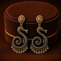 Vintage Antique Gold Seahorse Statement Drop Earrings with Turquoise Crystals
