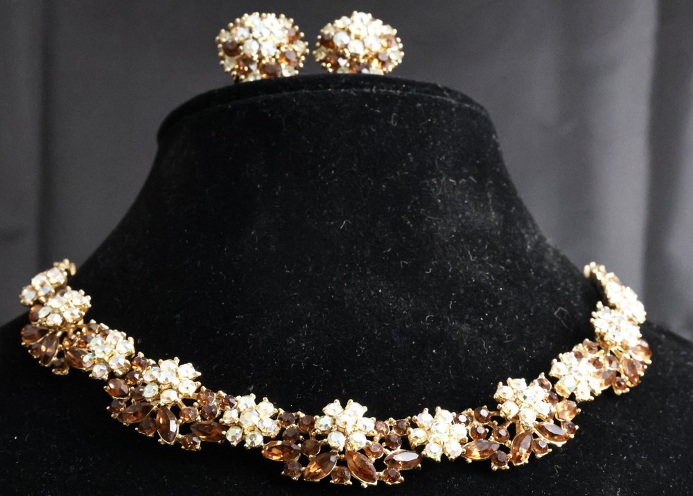 Trifari Rhinestone Amber AB Gold Tone Mid Century Necklace/Clip Earring Set *WOW