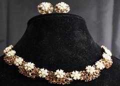 Trifari Rhinestone Amber AB Gold Tone Mid Century Necklace/Clip Earring Set *WOW
