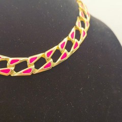 Vintage Gold Tone and Pink/Red Enamel Chunky Chain Link Choker Necklace
