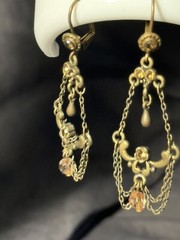 Antique Chandelier Peach Beads Earrings Alloy Metal Self Clasp Beautiful 2inch