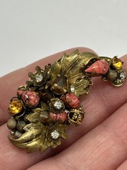 DeMario NY Vintage Clip Earrings Coral Glass Rhinestone Gold Tone Filigree 1950s