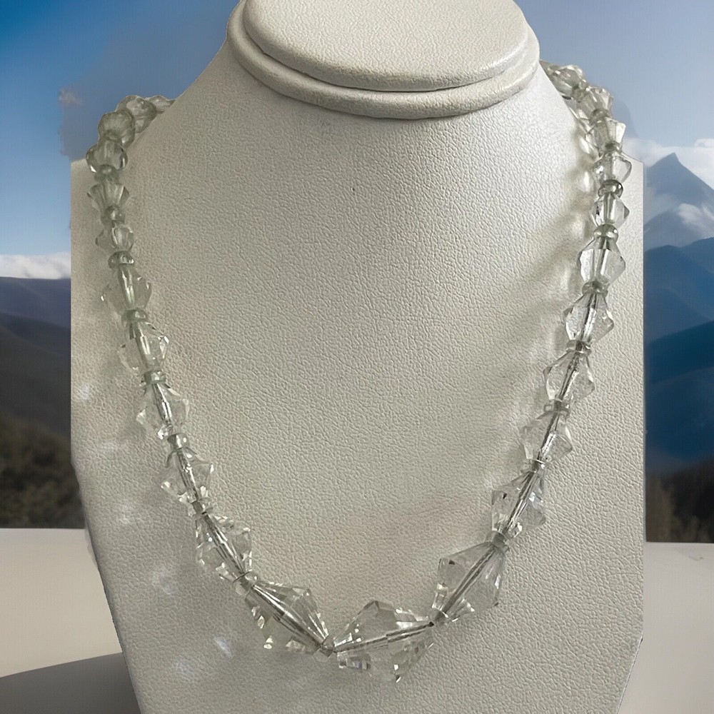 Vintage Graduated Clear Faceted Cut Czech Crystal Bead Strand Necklace 16” Chain