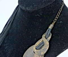 Boho Hammered Brass Tone Statement Necklace Multi Strand Cord Tribal Artisan