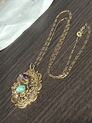 Vintage French Stamp Gold Plate Necklace Art Deco Purple Green Stones Pendant