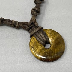 Tigers Eye Pendant Necklace Gold Round Donut Brown Cord Amulet Bohemian 16″