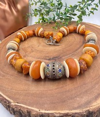 Moroccan Necklace, With Resin Copal, Enamel & Buffalo Horn Discs
