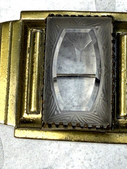 Art Deco gold-tone Etched Glass Fur Clip, Dress Clip or Brooch with C closure