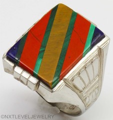 Antique Art Deco Lapis Malachite Multi Gemstone Inlay 10k Solid Gold Men’s Ring