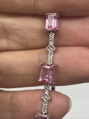 Vtg 10k Gold Pink Topaz Diamond Link Tennis Bracelet Chevron Textured Links READ