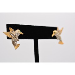 Vintage Hummingbird Earrings Stud Rhinestone Crystal Pave Gold Tone 1990s BinAZ