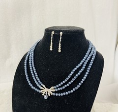 Blue Faux Pearl Necklace 3 Strand Rhinestone Bow + Dangle Earrings Pierced