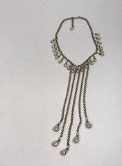 Vintage Art Deco Brass Glass Dangler Faux Pearl Statement Necklace