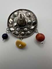 Vintage Sterling Silver Hat Sombrero Lapis Amber Coral Brooch 4.5cm JB23