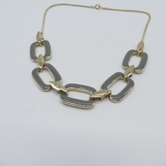 Vintage Gray Enamel Link Statement Necklace Gold Tone Retro Style 19″