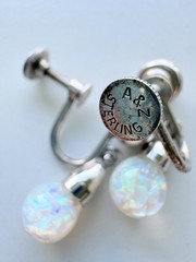 Vintage Opalite Sterling Silver Floating Opal Screw On Earrings Signed A & Z