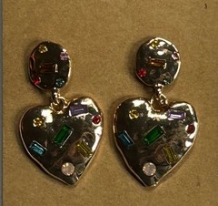 Textured Antique Gold Heart Earrings With Rhinestones Post Dangle