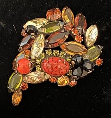 Vintage Delizza & Elster Juliana Brown Orange Olivine Rhinestone Cabachon Brooch