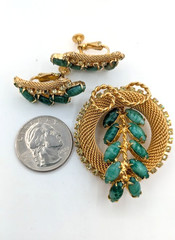 Vintage HOBE Brooch Earrings Set Green Art Glass Gold Mesh Rhinestone