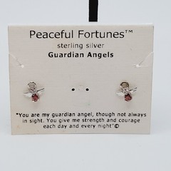 Red Rhinestone Guardian Angel Necklace Earring Set with Card Vintage 1990s