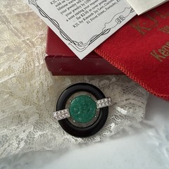 Kenneth J Lane KJL Carved Green Faux Jade Art Deco Style Rhinestone Brooch