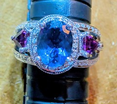 Beautiful Tanzanite, Tourmaline & Diamond 14k White Gold Designer Ring Sz 9