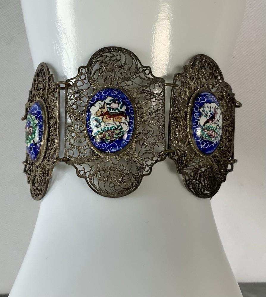Vintage Chinese Silver Intricate Filigree Enamel Animals Plaques Story Bracelet