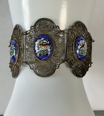 Vintage Chinese Silver Intricate Filigree Enamel Animals Plaques Story Bracelet