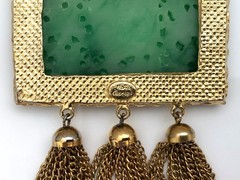 Vintage 1960s Signed HATTIE CARNEGIE Dragon & Faux Jade Tassel Necklace Brooch