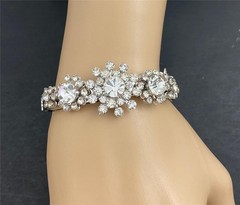 Vintage 1950’s Hinged Cuff Silver Tone Clear Rhinestones Floral Bracelet medium