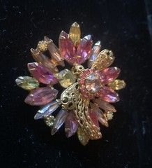 Vintage Pink Yellow Lavender Rhinestone Gold Tone Filigree Accents Brooch Unique