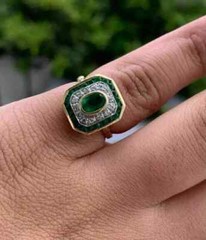 Vintage Art Deco Oval Emerald & Lab Created Diamond Halo 925 Silver Wedding Ring