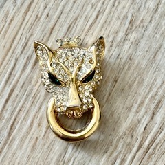 Vtg Green Eyed Cat Cougar Jaguar Statement Necklace Clasp Gold Tone Missing Gems