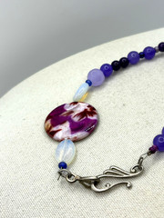 Purple Glass And Silver Metal Charms Art Deco Beaded Necklace 24 Inch