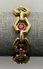 VTG 80s SWAROVSKI SWAN Gold Tone Hexagon Link Bracelet Green Purple Red Crystal