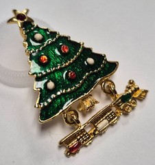 Vintage 80’s Gold Tone & Enamel Christmas Tree W/ Dangle Toy Train Pin / Brooch