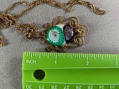 VTG green purple Suffragette art glass pendant figaro Pot metal Opera necklace