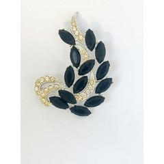 Vintage Sarah Coventry Brooch Vienna Nights Black Rhinestone Pin Leaf Shaped