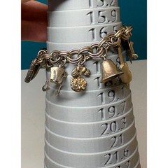 Vintage Silver Tone Double Link Charm Bracelet Bell Violin Airplane Heart