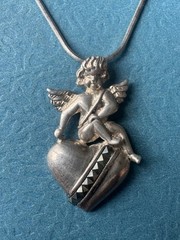 Vintage.925 Sterling Silver Angel on Heart Pendant Necklace Size 16”