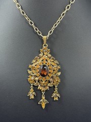Vintage 60s Hollycraft Ornate Rhinestone Necklace Pendant Yellow Brown Gold Tone