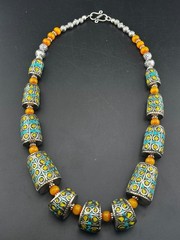 Beautiful Turquoise, Amber Howlite Tibetan Nepal Tube Vintage Handmade Necklace